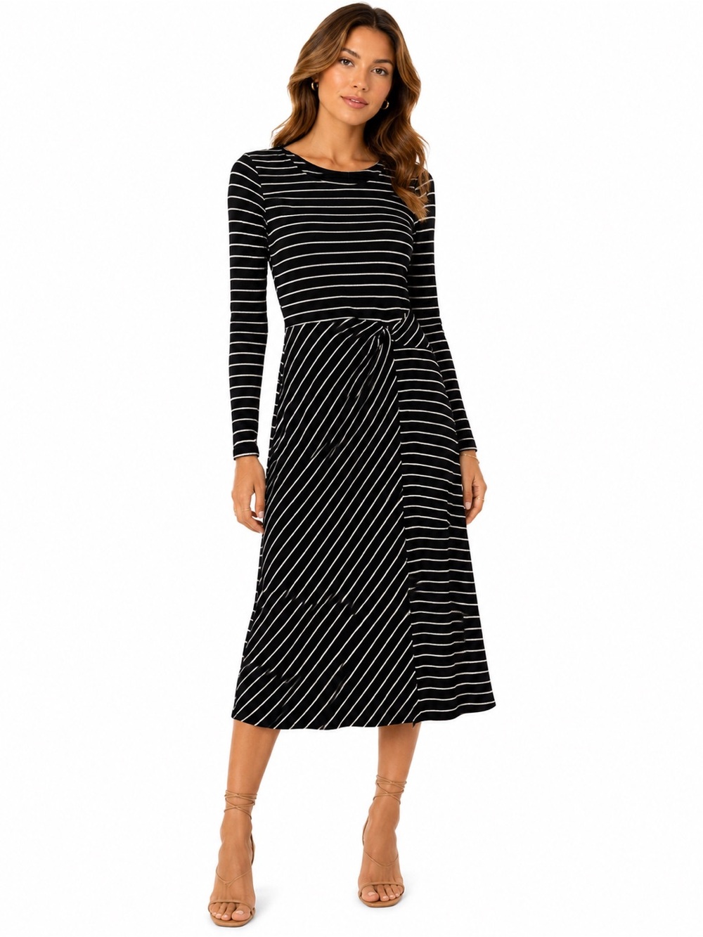 NWT‎ Gilli Size Large Women's Black & White Striped Midi Dress - Long-sleeve